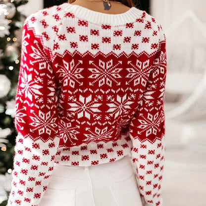 Snowflake Printed Long Sleeve O Neck Ladies Jumper Christmas Sweater