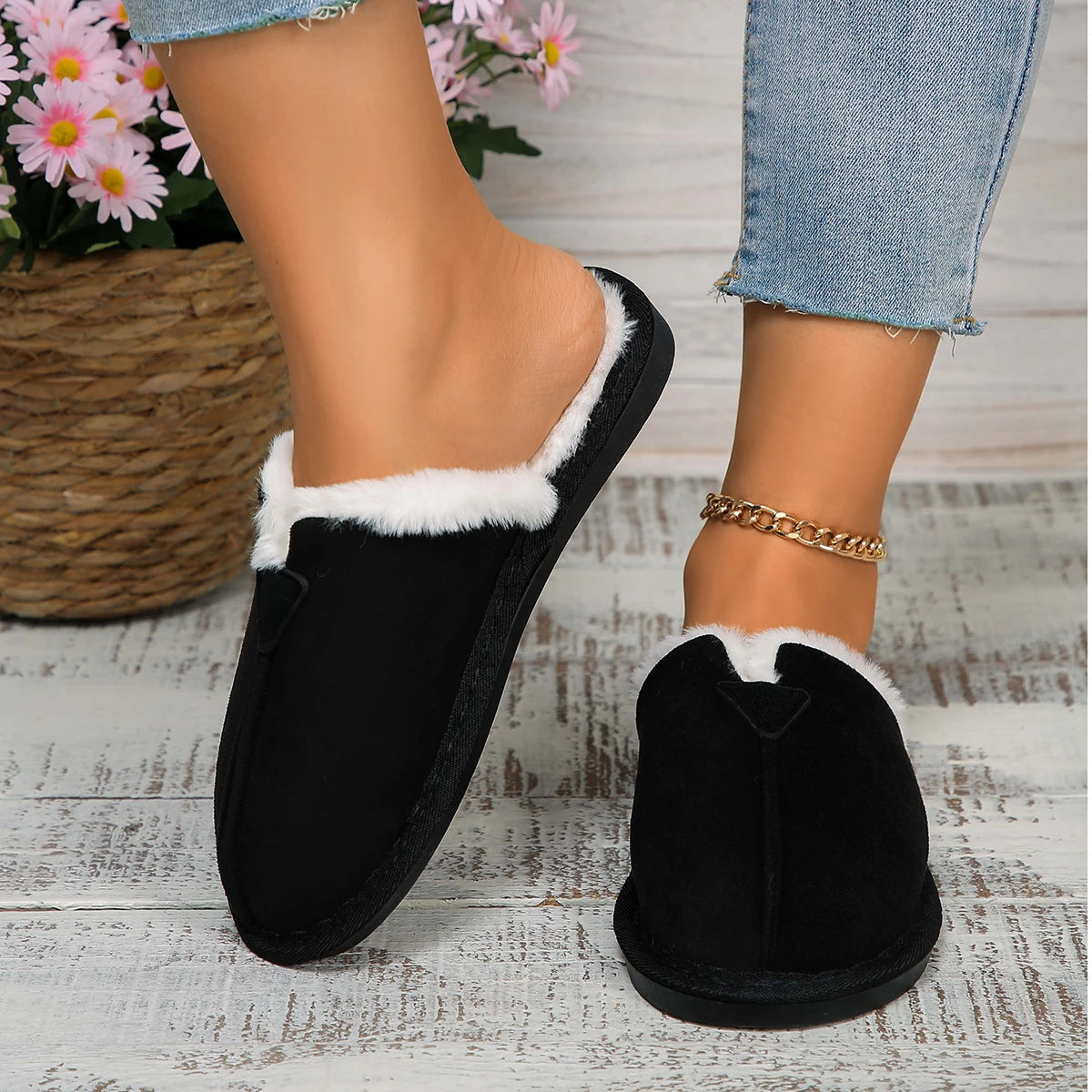 Women Warm Fur Cotton Slippers Flats Shoe Suede Winter Short Plush Luxury Fashion Casual Non-Slip Snow Boots Mujer Zapatos Mules