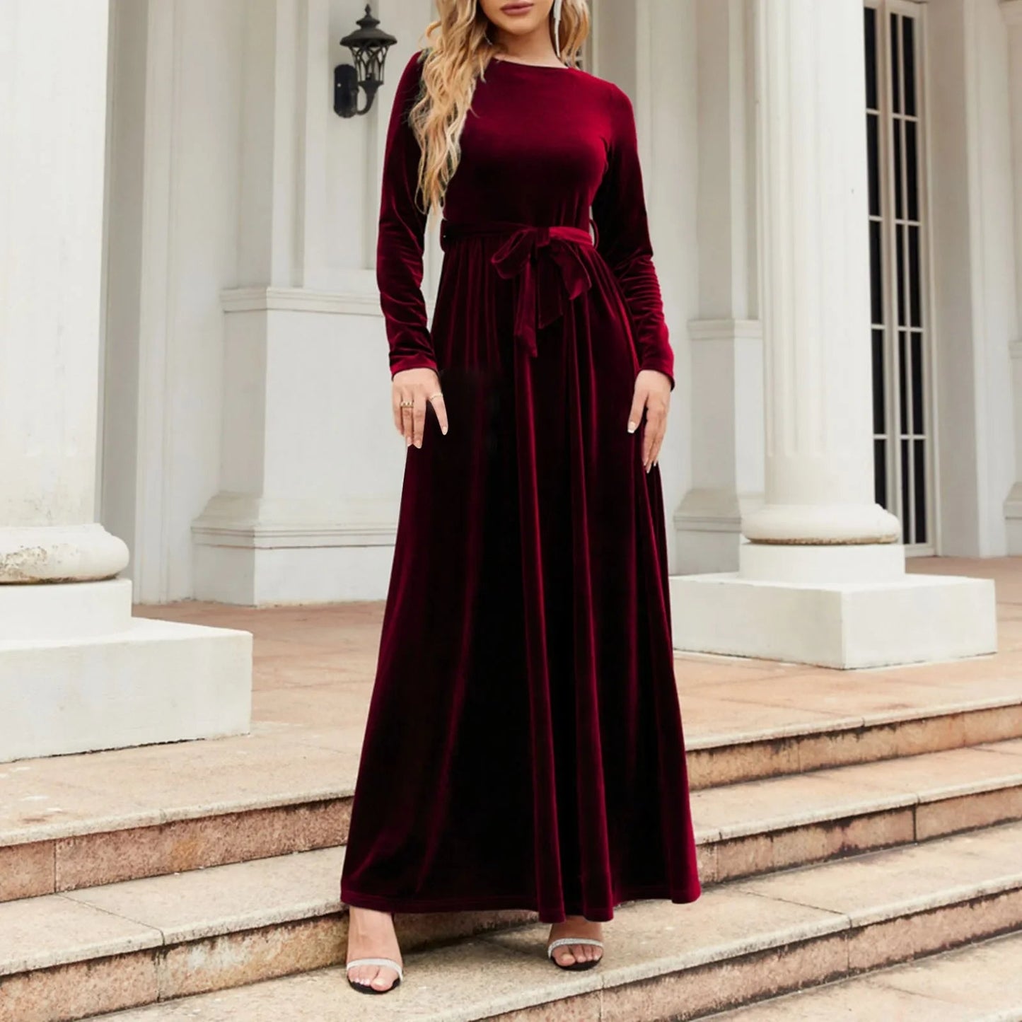 Green Velvet Long Dress with Lace-up Detail for Christmas Party