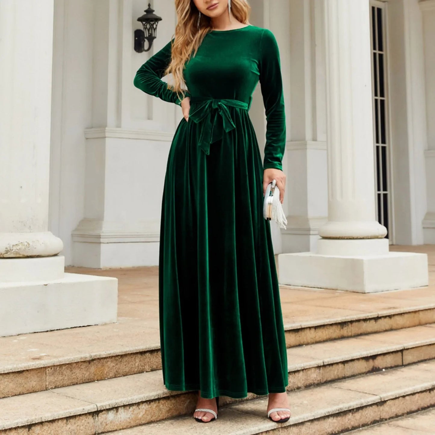 Green Velvet Long Dress with Lace-up Detail for Christmas Party