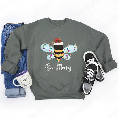 Festive Bee Letter Print Christmas Hoodie - Long Sleeve