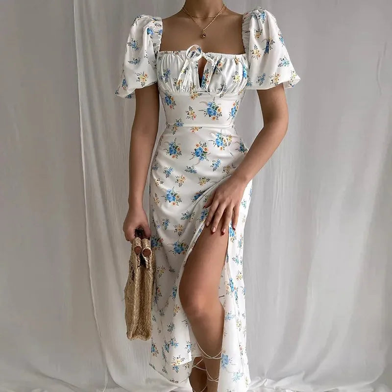 Floral Spring French Backless Slim-fit Halter Trending Sexy Midi Dresses