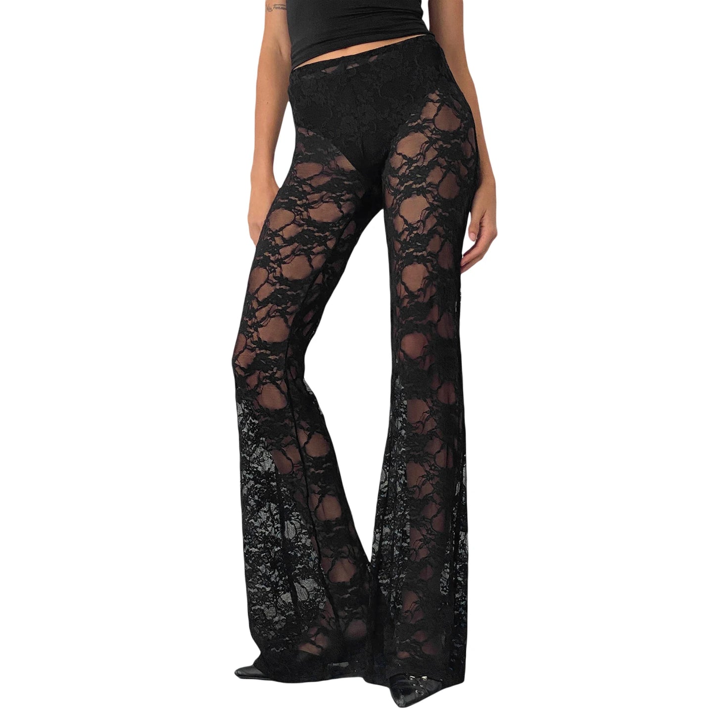 Gothic Sheer Lace High Waist Flared Streetwear Aesthetic Black Summer Pants