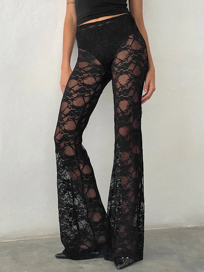 Gothic Sheer Lace High Waist Flared Streetwear Aesthetic Black Summer Pants