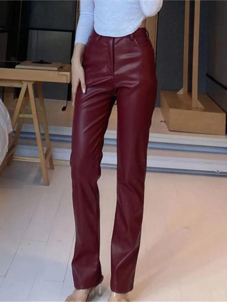 High Waist Wide Leg Straight Tube Autumn Winter Elastic PU Leather Pants