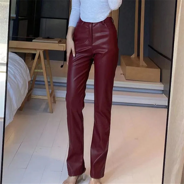 High Waist Wide Leg Straight Tube Autumn Winter Elastic PU Leather Pants