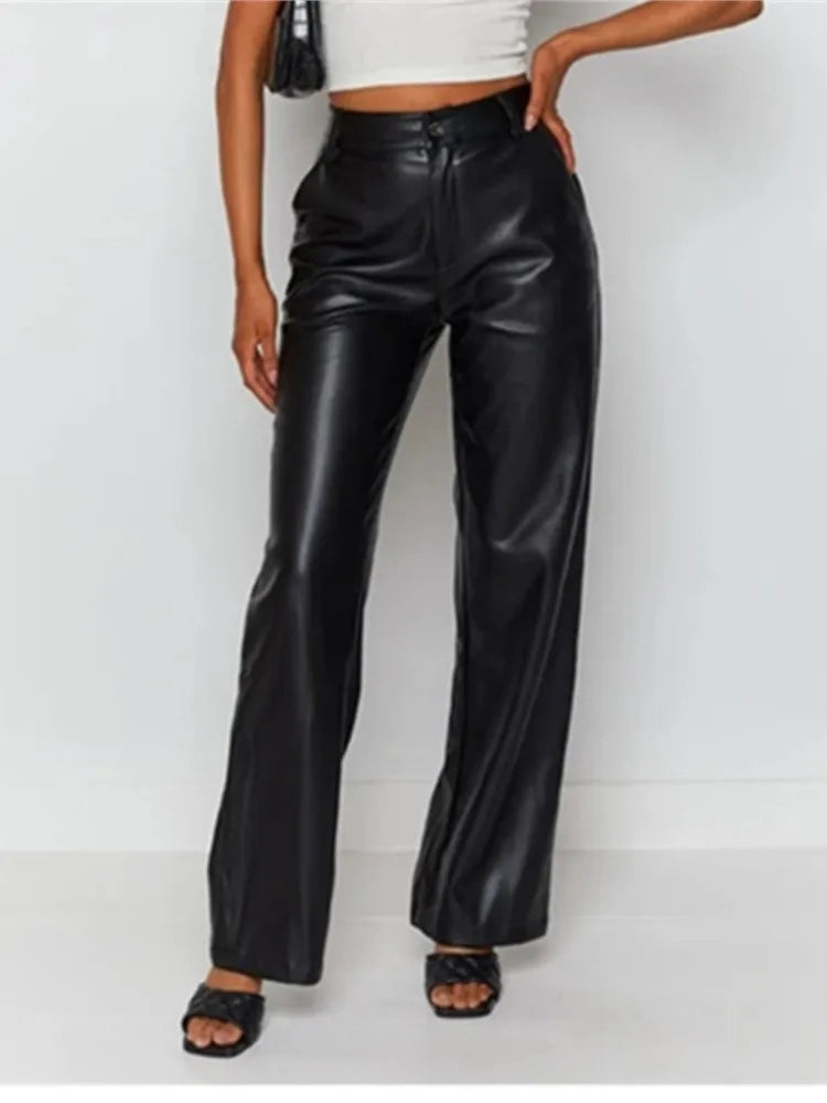 High Waist Wide Leg Straight Tube Autumn Winter Elastic PU Leather Pants