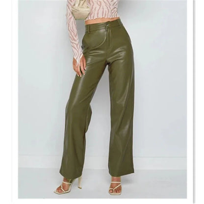 High Waist Wide Leg Straight Tube Autumn Winter Elastic PU Leather Pants