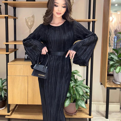 Maxi Autumn New Crew-neck Lace-up Pleated Elegant Midi Dresses