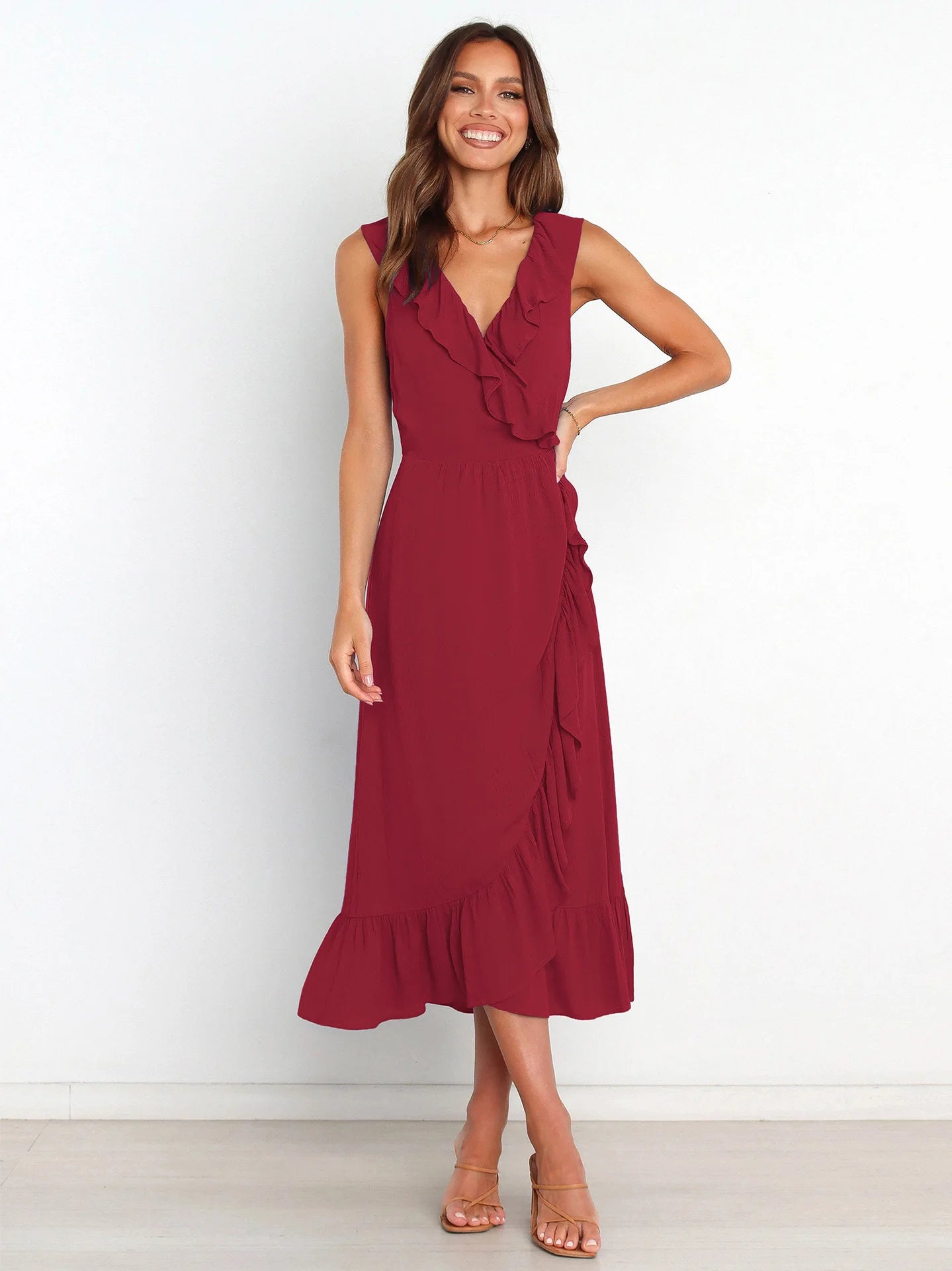 Ruffled Sleeveless V-neck Ruffled High-grade Elegant Traf Midi Dresses