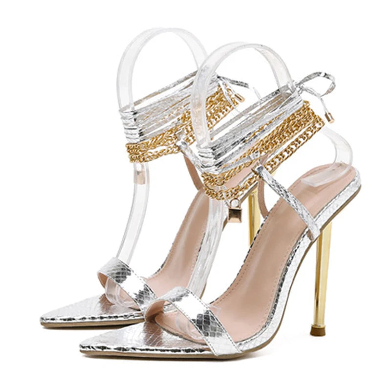 Women's High Heel Chain Ankle Strap Gold White Pointed Toe High Heel