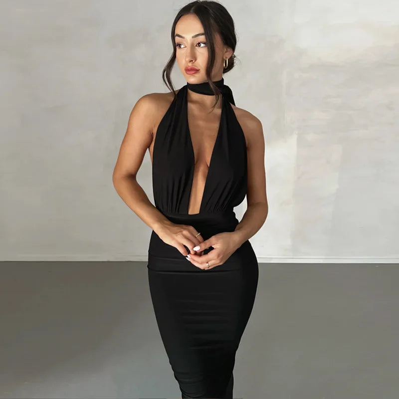 Sexy Deep Bare High Irregular Tight Female Midi Dresses