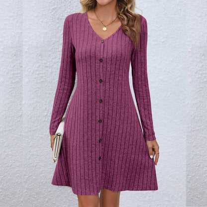 DressBetty - Chic V-Neck Buttoned Waist Long Sleeve Solid Color Midi Dress