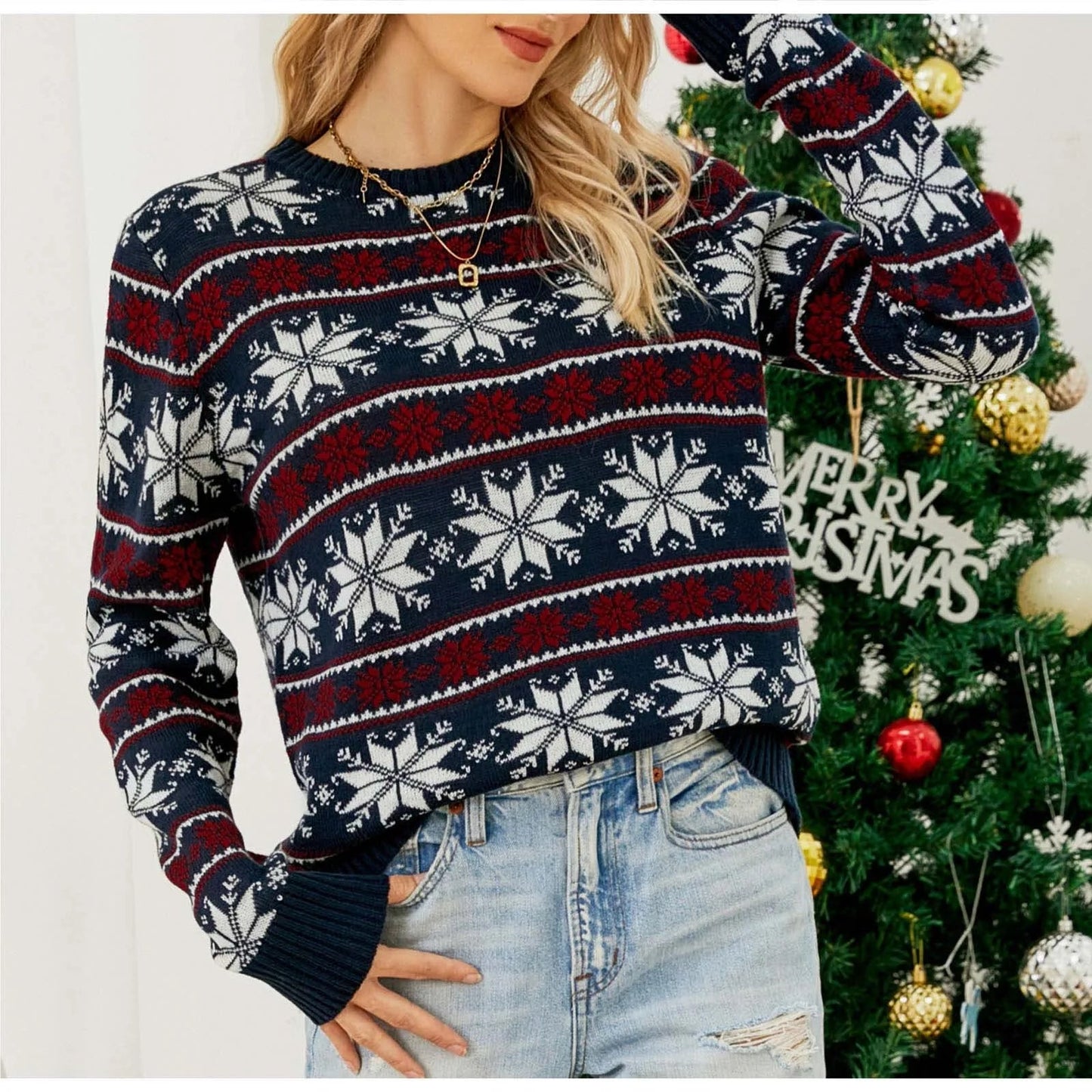 Christmas Snowflake Acrylic Knitted Loose Tops Sweater