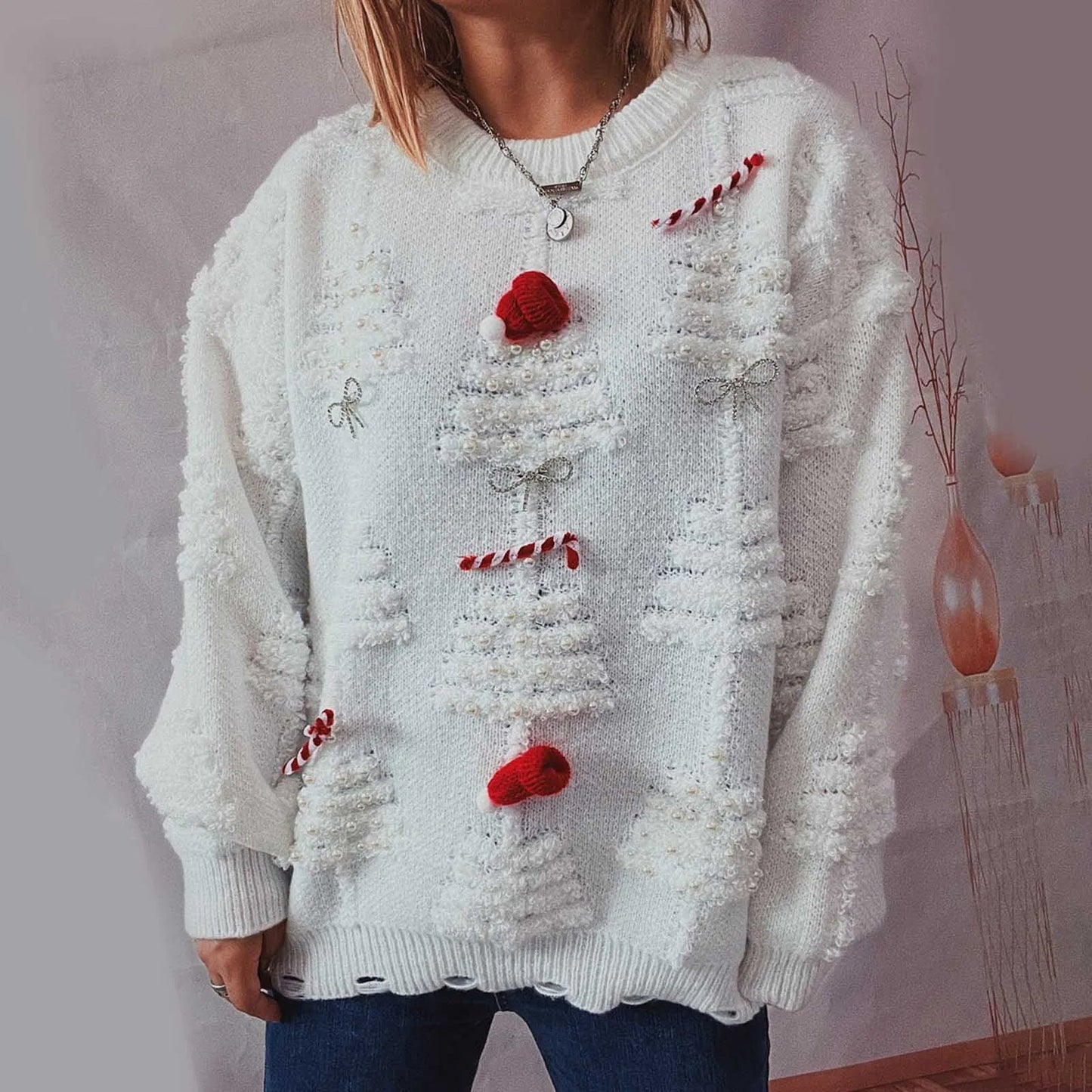 O-Neck Lantern Sleeve Loose Knitted Casual Christmas Sweater