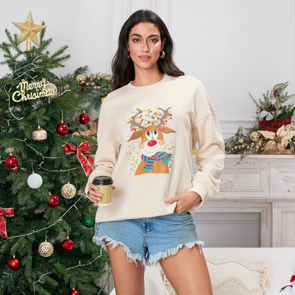 Christmas Deer Print Crew Neck Hoodie