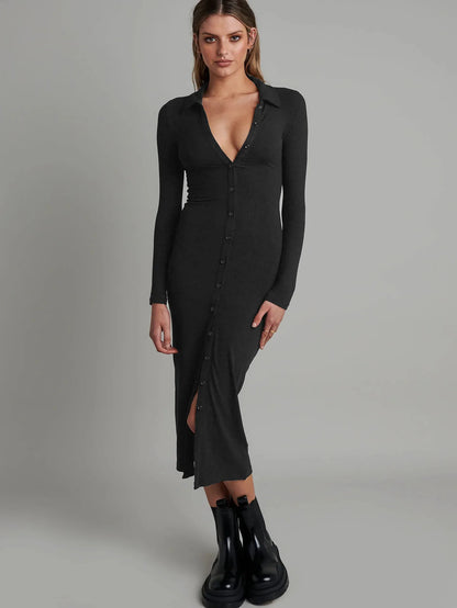 Tight Bag Hip Button-up Ribbed Slim Sexy Midi Dresses