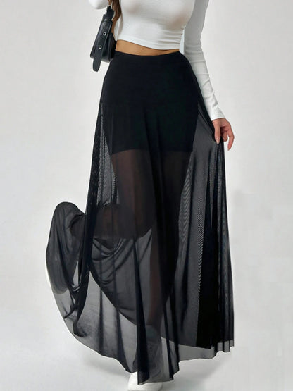 Women's Mesh Patchwork Elastic High-waisted A-line Fashion Long Skirt