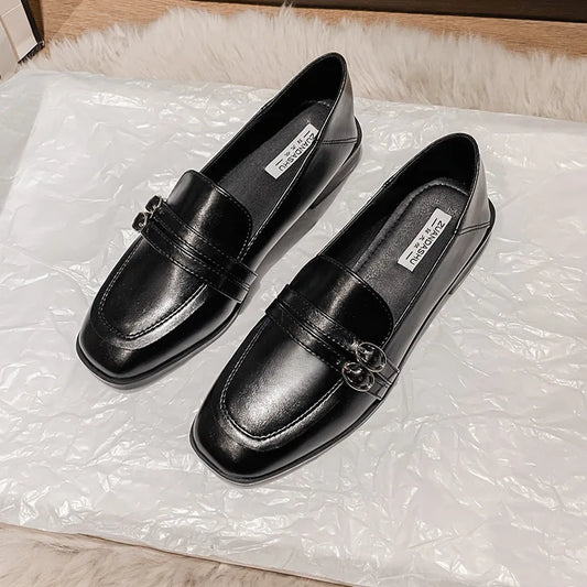 Black Fur Square Toe All-Match Leather Fall Casual Derby Oxfords Loafers