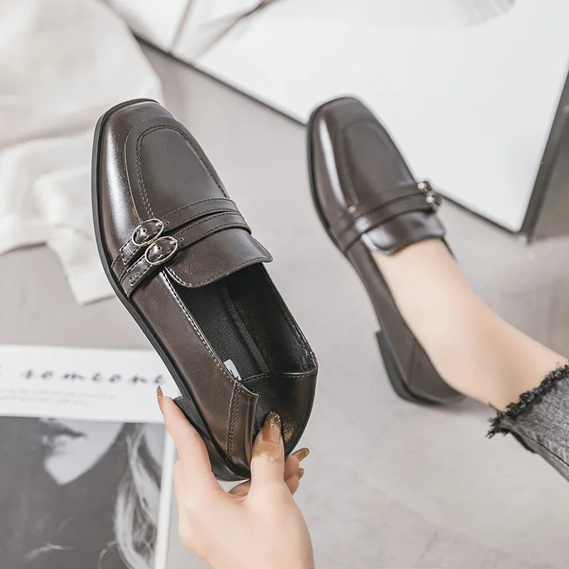 Black Fur Square Toe All-Match Leather Fall Casual Derby Oxfords Loafers