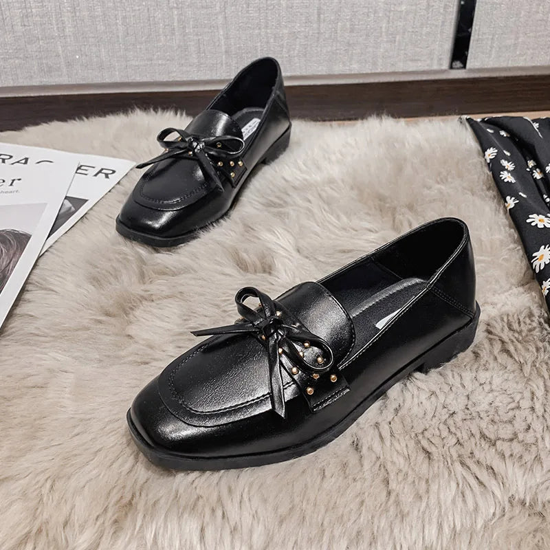 Black Fur Square Toe All-Match Leather Fall Casual Derby Oxfords Loafers