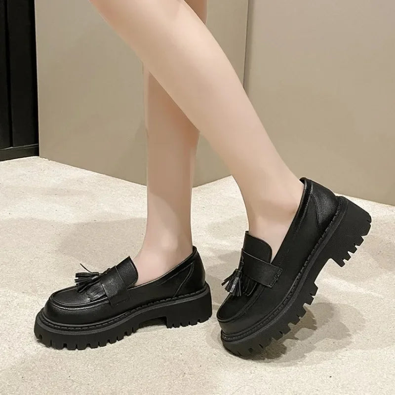 Plus Size British Style Thick Bottom Pu Leather Platform Casual Flats Loafers