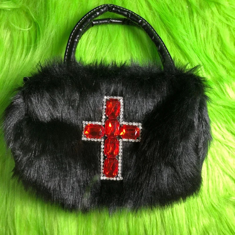 Y2K Gothic Soft Plush Black Cross Applique Harajuku Punk Hip Hop Shoulder Bag