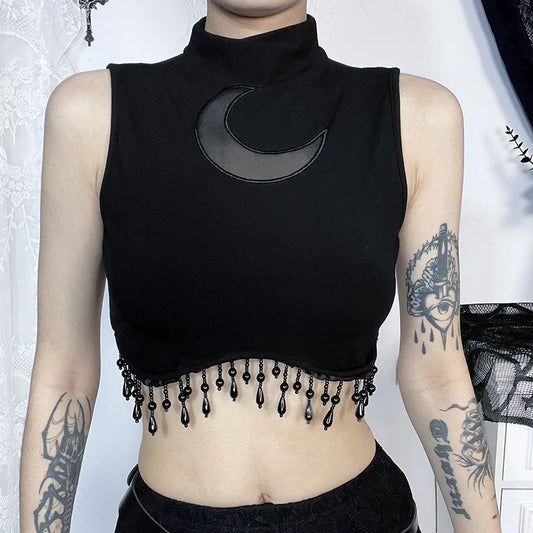 Y2K Goth Moon Lace See Through Vintage Sexy High Collar Sleeveless Tassels Crop Top