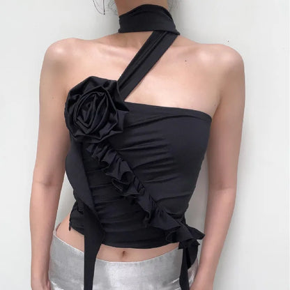 Gothic Backless Aesthetic Flower Ruffles  Off Shoulder Crop Top