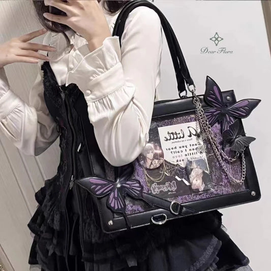 Y2K Labyrinth Butterfly Spider Web Letter Chain Transparent Gothic Bag