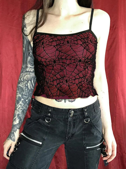 Gothic High Street Sexy Mesh Lace Backless Ruffle Sleeveless Crop Top