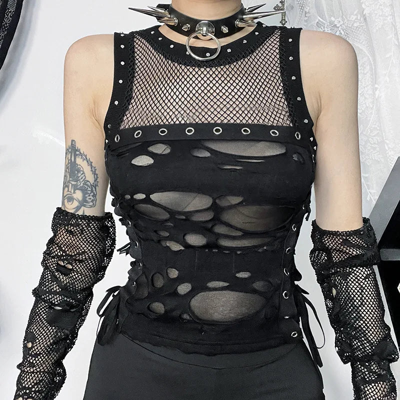 Gothic Trendy Sexy Fishnet Backless Steampunk Rave Party Crop Top