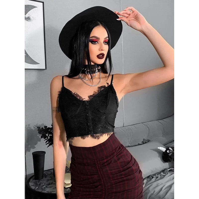 Gothic Punk Sexy Fairy Grunge V-neck Dark Lace Crop Top