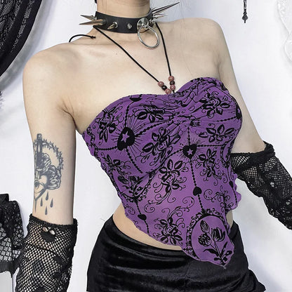 Gothic Sexy Irregular Bandeau Halterneck Flocked Backless Crop Top