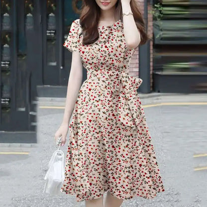 Elegant Short Floral Summer O Neck Holiday Casual Knee Length Robe Femme Midi Dresses