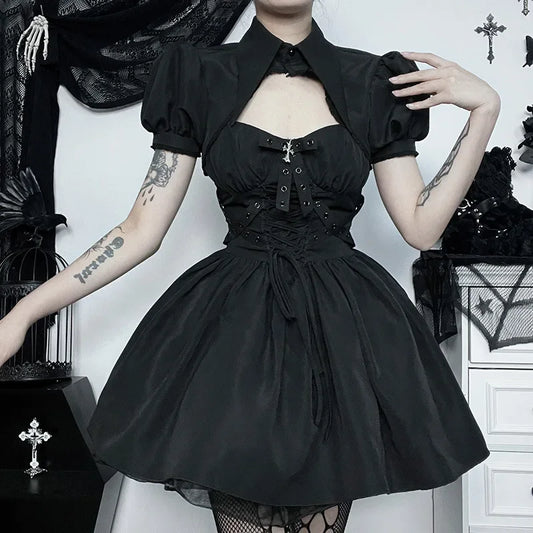 Dark Gothic Spaghetti Strap Elegant Grunge Ruched Bandage Punk Steampunk Dress