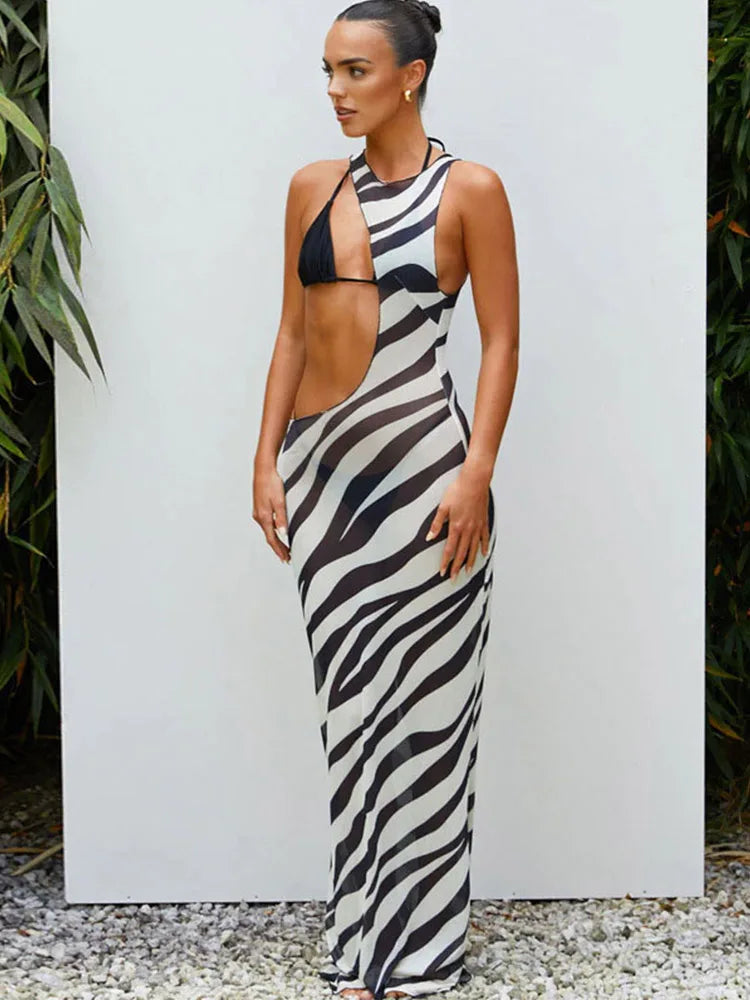 Zebra Transparent Striped Cut Out Vacation Midi Dresses