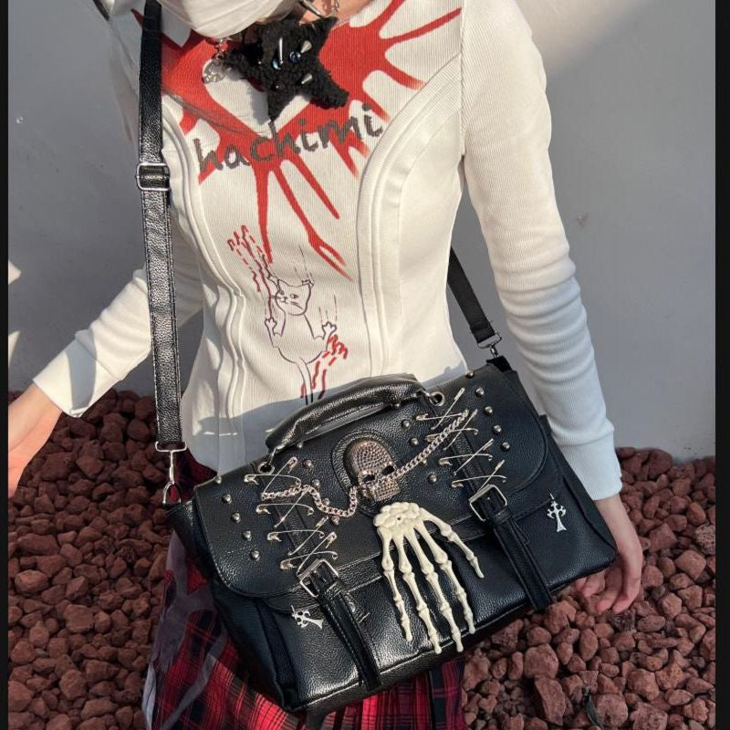 Gothic Lolita Harajuku Punk One Shoulder Y2K Rivet Chain Skull Bag