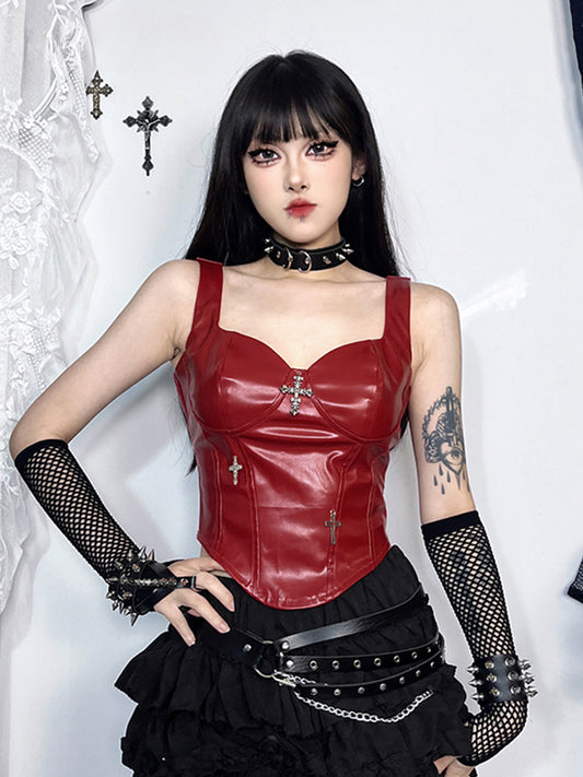 Gothic Grunge Punk Cross Leather Corset Crop Top