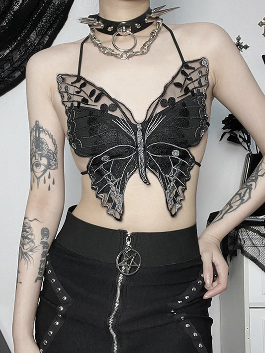 Gothic Backless Hollow Out Lace Butterfly Summer Streetwear Crop Top