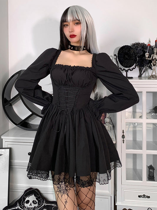 Spaghetti Strap Lace Satin Slip Sexy Party Mini Harajuku Vintage Square Collar Puff Sleeve Dress