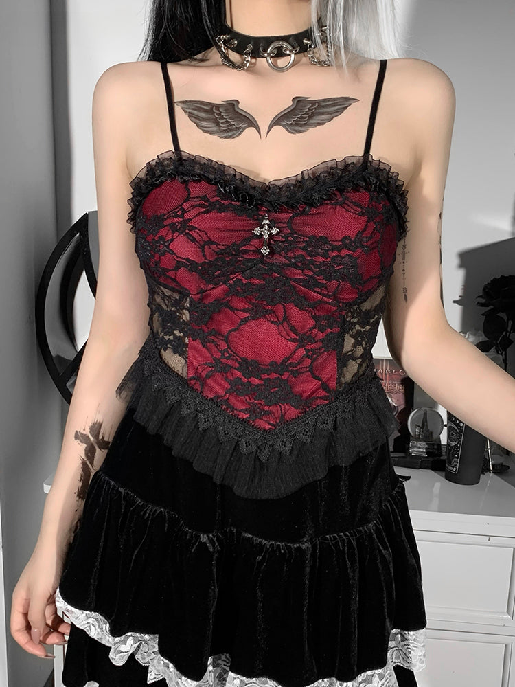 Gothic Lace Patchwork Zipper Backless See Through Vintage Y2K Aesthetic Crop Top