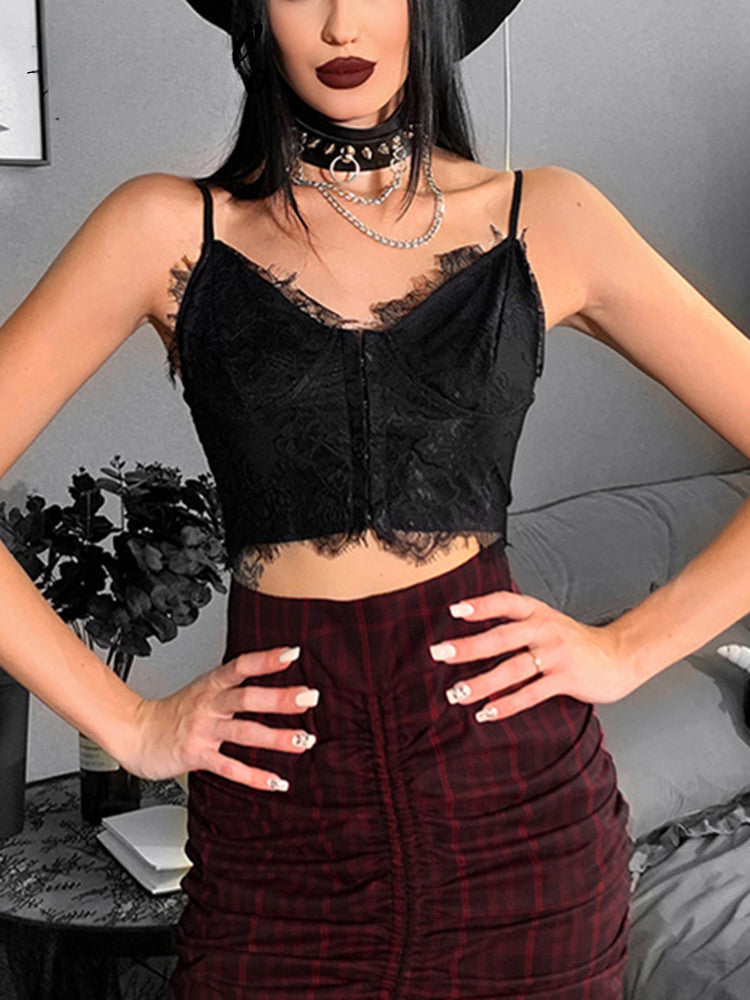 Gothic Punk Sexy Fairy Grunge V-neck Dark Lace Crop Top