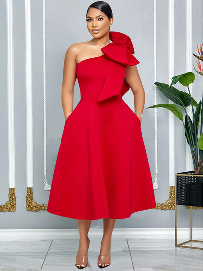 Red Christmas Party Dress with A Line Pleated One Shoulder Bow