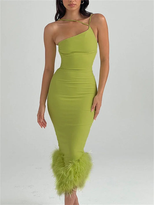 Elegant Feather Hem Sleeveless Party Club Asymmetrical Strap Midi Dress