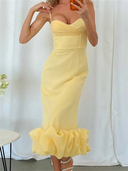 Elegant Cocktail Sleeveless Low Cut V-Neck Slim Ruched Ruffles Midi Dress