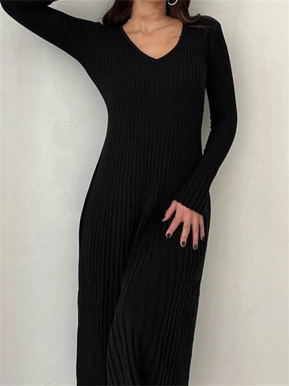 Knitted Ribbed Long Sleeve Slim Fit Solid Autumn Mid Midi Dress