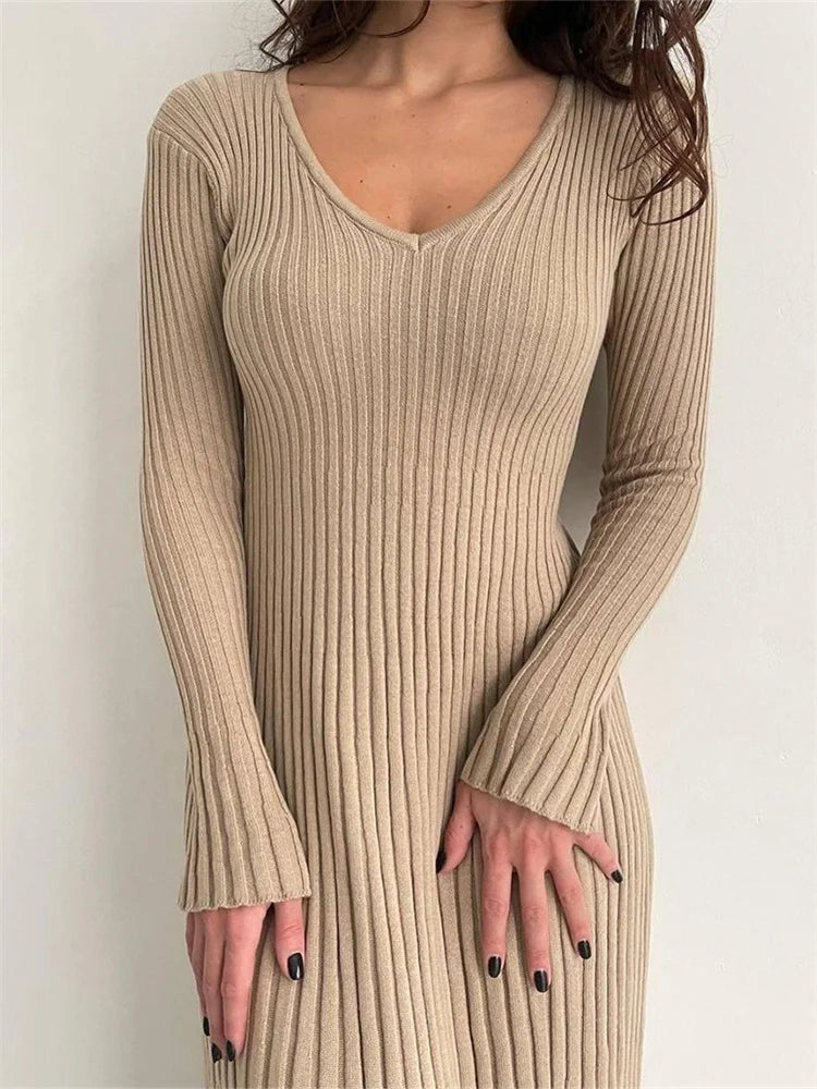 Knitted Ribbed Long Sleeve Slim Fit Solid Autumn Mid Midi Dress