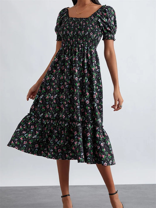 Retro Summer Floral Print Square Neck Short Puff Sleeve Ruched Midi Dress