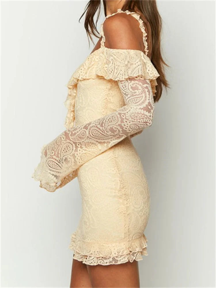 Romantic Lace Off-Shoulder Ruffled Mini Dresses